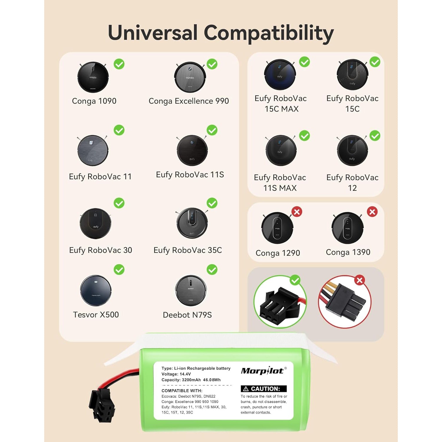 Acumulator 14, 4 V 3200 mAh compatibil cu Ecovacs Deebot si Eufy, pentru Robovac 11, 11S, 11S Max, G10 Hybrid, G20 Series, G30 Series, G40 Hybrid+, 12, 15T, 15C, 15C Max, 15T, 30, 30C, 30 Max, 35C si Deebot DN622 600, 601, 605, 661 Tesvor X500, X500 Pro
