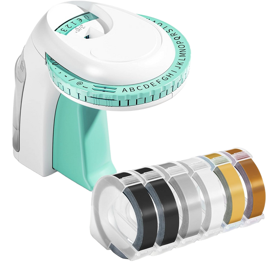 Set aparat de etichetat/embosat Omega S, cu 48 de caractere, etichetare vintage, 6 role de gofrare 3D, portabil, alb