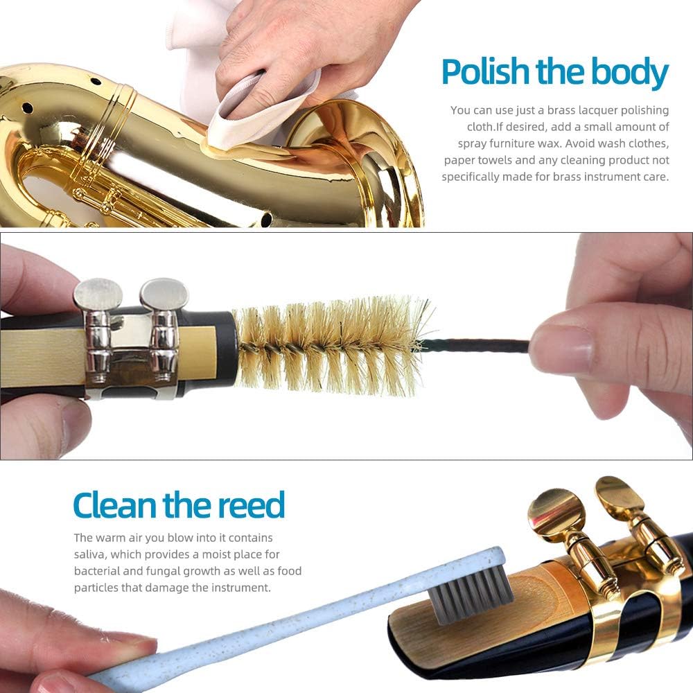 Kit curatare pentru saxofon, 4 x lavete, 2 x tampone , 2 x perii pentru mustiuc, pentru clarinet tenor alto si alte structuri de suflat, cu geanta de depozitare si transport