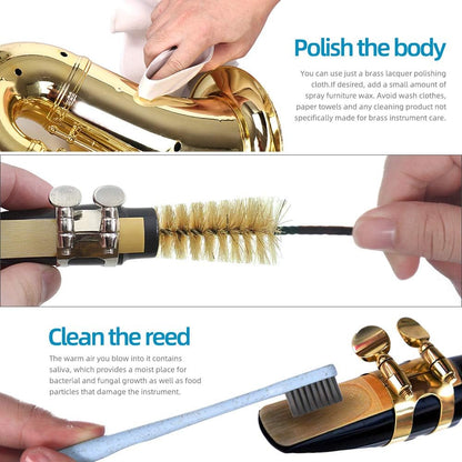 Kit curatare pentru saxofon, 4 x lavete, 2 x tampone , 2 x perii pentru mustiuc, pentru clarinet tenor alto si alte structuri de suflat, cu geanta de depozitare si transport