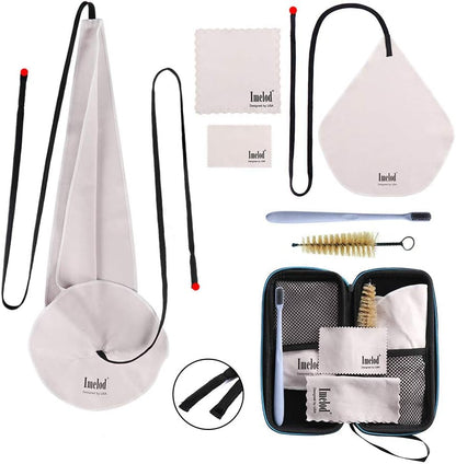 Kit curatare pentru saxofon, 4 x lavete, 2 x tampone , 2 x perii pentru mustiuc, pentru clarinet tenor alto si alte structuri de suflat, cu geanta de depozitare si transport