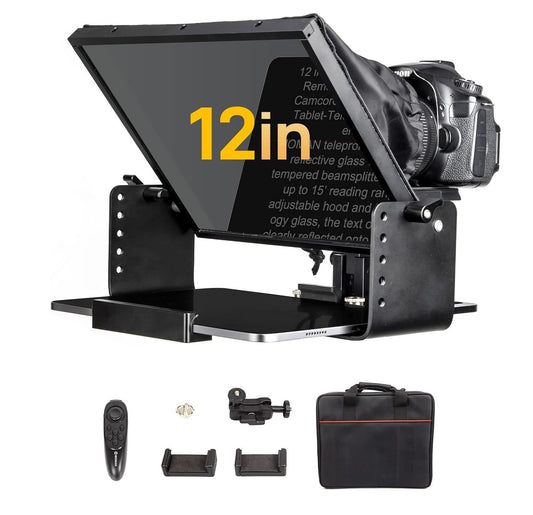 Kit teleprompter de 12 inch, pentru camere DSLR, cu telecomanda, compatibil cu smartphone si tableta pana la 12.9 inch, din metal, cu geanta de depozitare si transport, Moman MT12