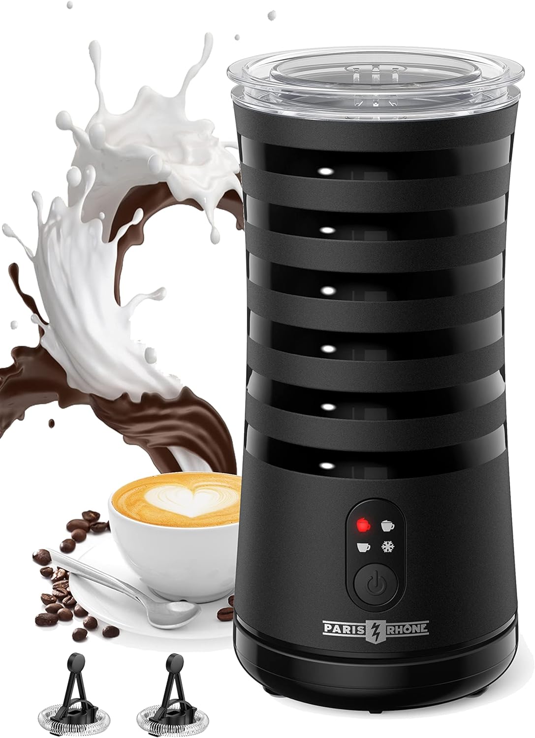 Aparat de spumat lapte 4 in 1, Indicator LED, Spumare Cald si Rece, Ideal pentru Latte, Ciocolata, Cappuccino, Frappe, 240 ml, PARIS RHÔNE AMZPE-MF010B01, negru