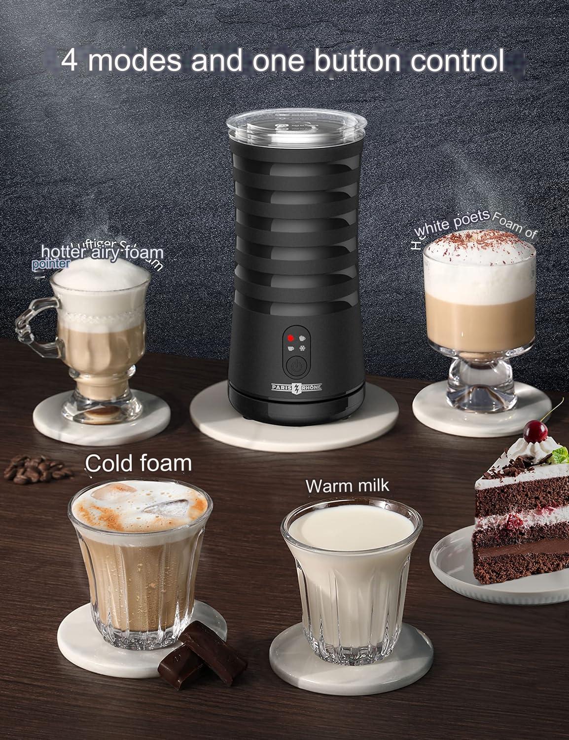 Aparat de spumat lapte 4 in 1, Indicator LED, Spumare Cald si Rece, Ideal pentru Latte, Ciocolata, Cappuccino, Frappe, 240 ml, PARIS RHÔNE AMZPE-MF010B01, negru