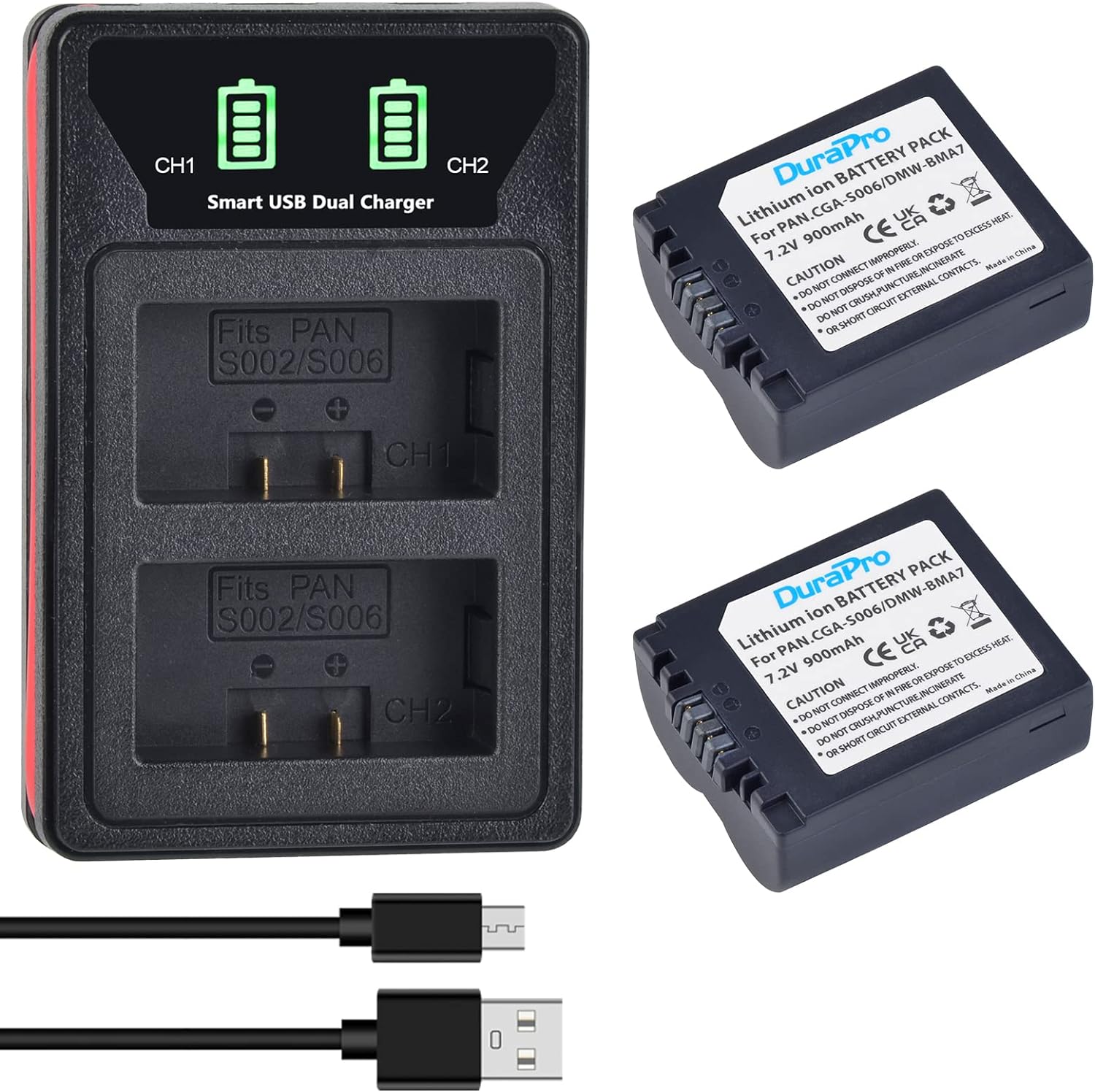 Set de 2 acumulatori GR-S006e CGA-S006 900 mAh cu incarcator dual pentru Panasonic CGA-S006E, CGA-S006, CGR-S006A, DMW-BMA7,Panasonic Lumix DMC-FZ18 DMC-FZ28 DMC-FZ30 DMC-FZ35 DMC-FZ38 DMC-FZ50 DMC-FZ7 DMC-FZ8