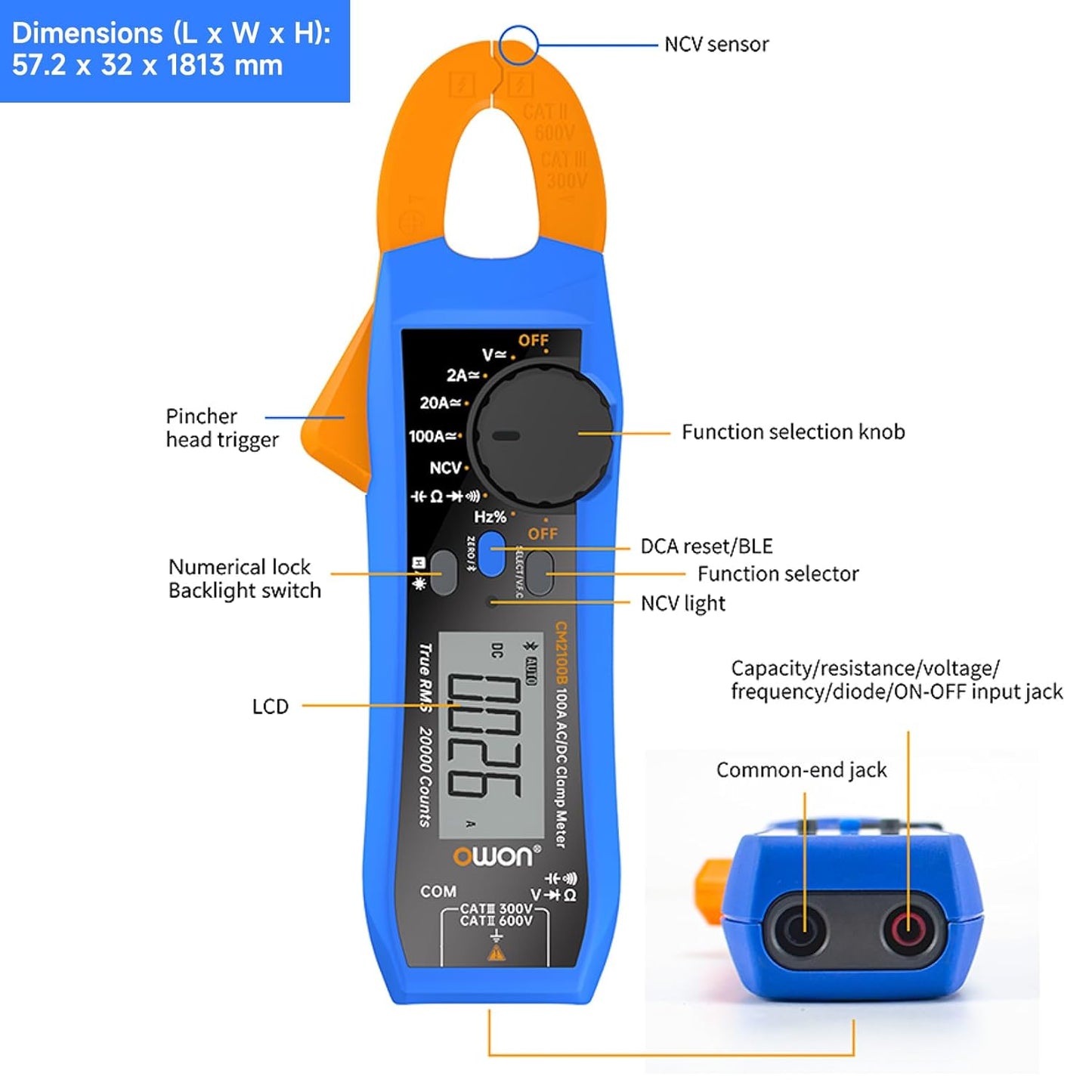Clampmetru digital/multimetru (cleste ampermetric) OWON CM2100B 20000 de counts,  portabil 600V/100A, Bluetooth, AC/DC, rezistenta, capacitatea, frecventa, continuitatea, tester fire, geanta depozitare