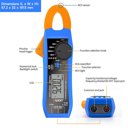 Clampmetru digital/multimetru (cleste ampermetric) OWON CM2100B 20000 de counts,  portabil 600V/100A, Bluetooth, AC/DC, rezistenta, capacitatea, frecventa, continuitatea, tester fire, geanta depozitare