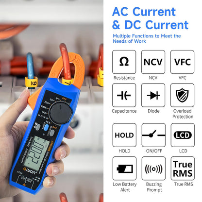 Clampmetru digital/multimetru (cleste ampermetric) OWON CM2100B 20000 de counts,  portabil 600V/100A, Bluetooth, AC/DC, rezistenta, capacitatea, frecventa, continuitatea, tester fire, geanta depozitare