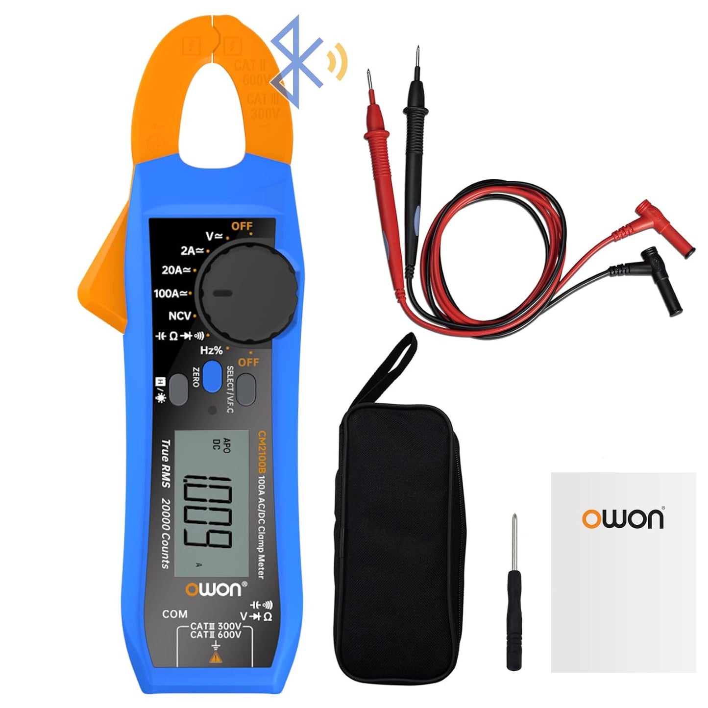Clampmetru digital/multimetru (cleste ampermetric) OWON CM2100B 20000 de counts,  portabil 600V/100A, Bluetooth, AC/DC, rezistenta, capacitatea, frecventa, continuitatea, tester fire, geanta depozitare