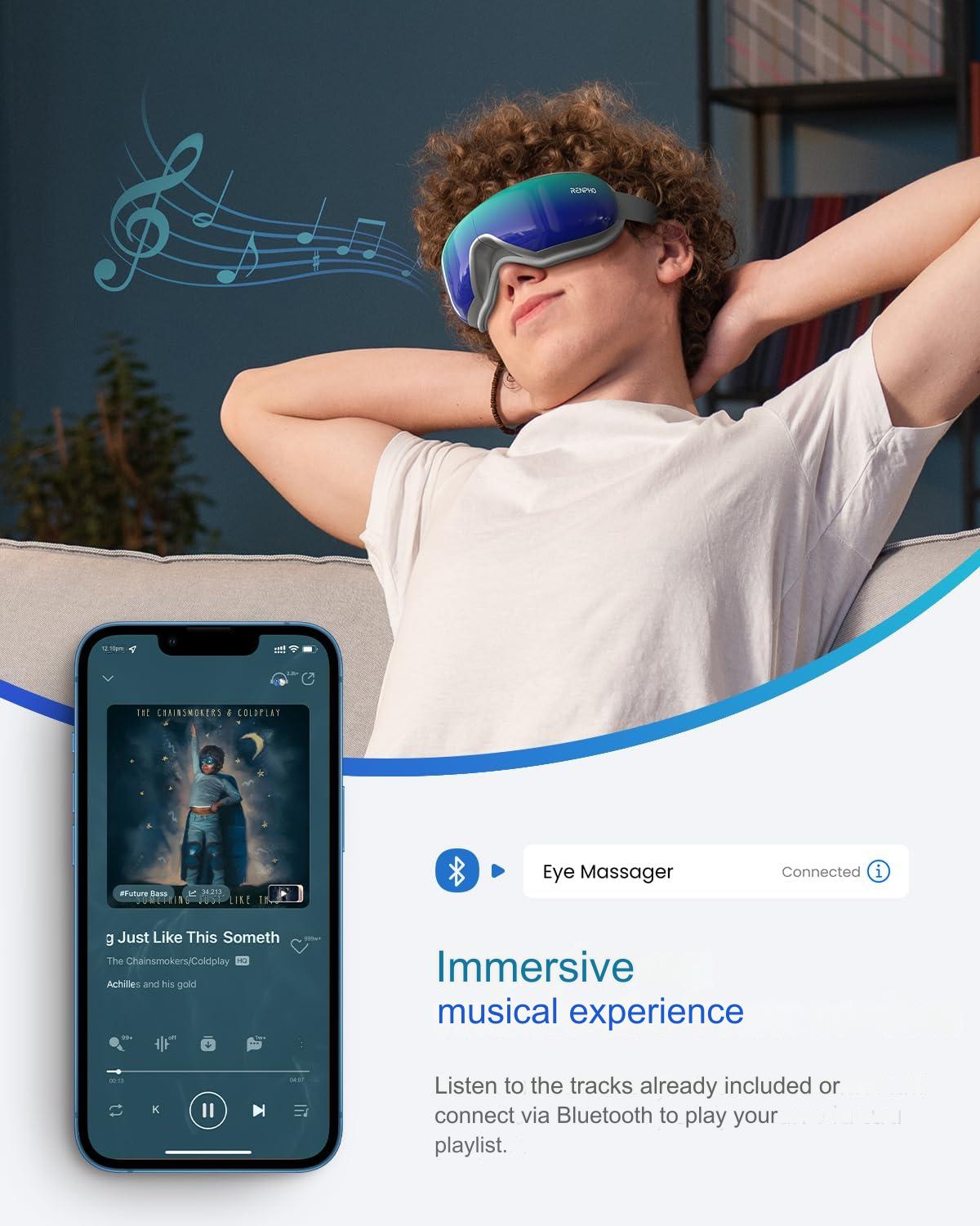 Aparat de masaj ocular cu caldura, ochelari pliabili Renpho pentru masare cu Bluetooth, muzica, vibratii, reincarcabil, 5 moduri masare, alb