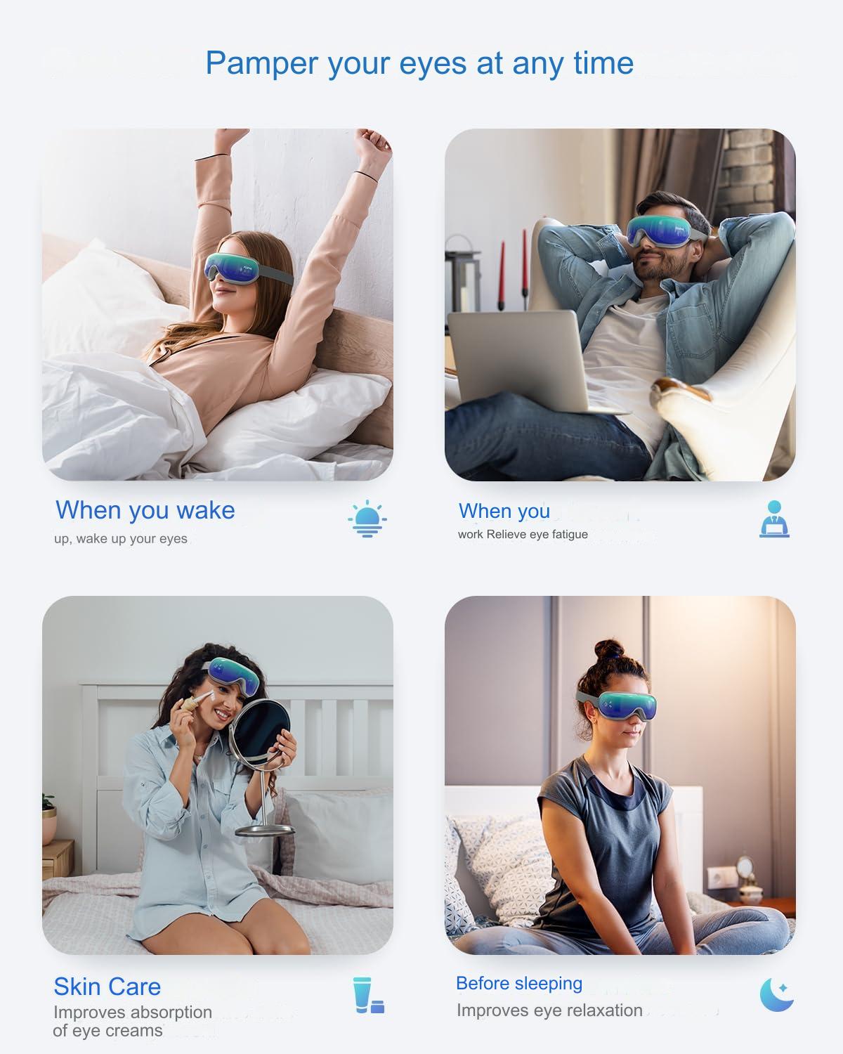 Aparat de masaj ocular cu caldura, ochelari pliabili Renpho pentru masare cu Bluetooth, muzica, vibratii, reincarcabil, 5 moduri masare, alb