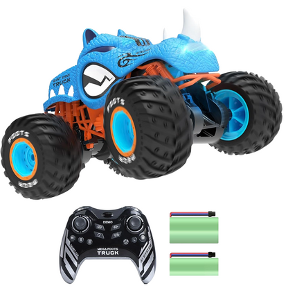 Masina cu telecomanda, RC, 4WD, 1:16, 2.4 Ghz, monster truck, masinuta de cascadorie cu rotire la 360 grade si rasturnari de 180 grade, 20 km/h, off-road, cu lumini LED si efect de ceata, albastru