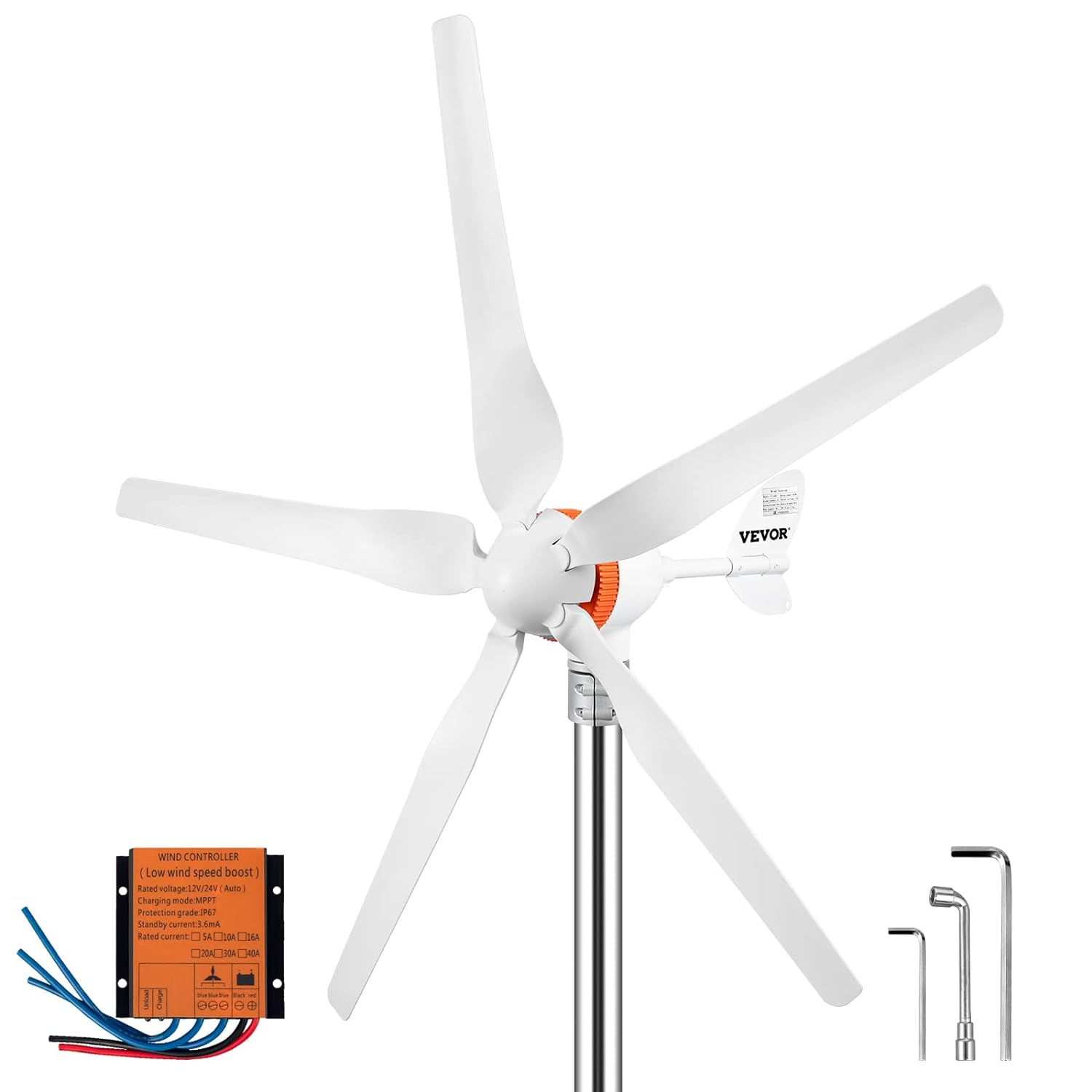 Kit turbina eoliana, 500 W/12 V/29A, cu controler MPPT, cu 5 lame, 900 rpm, rotatie 360°, VEVOR, generator pentru rulota, barca, casa, alb