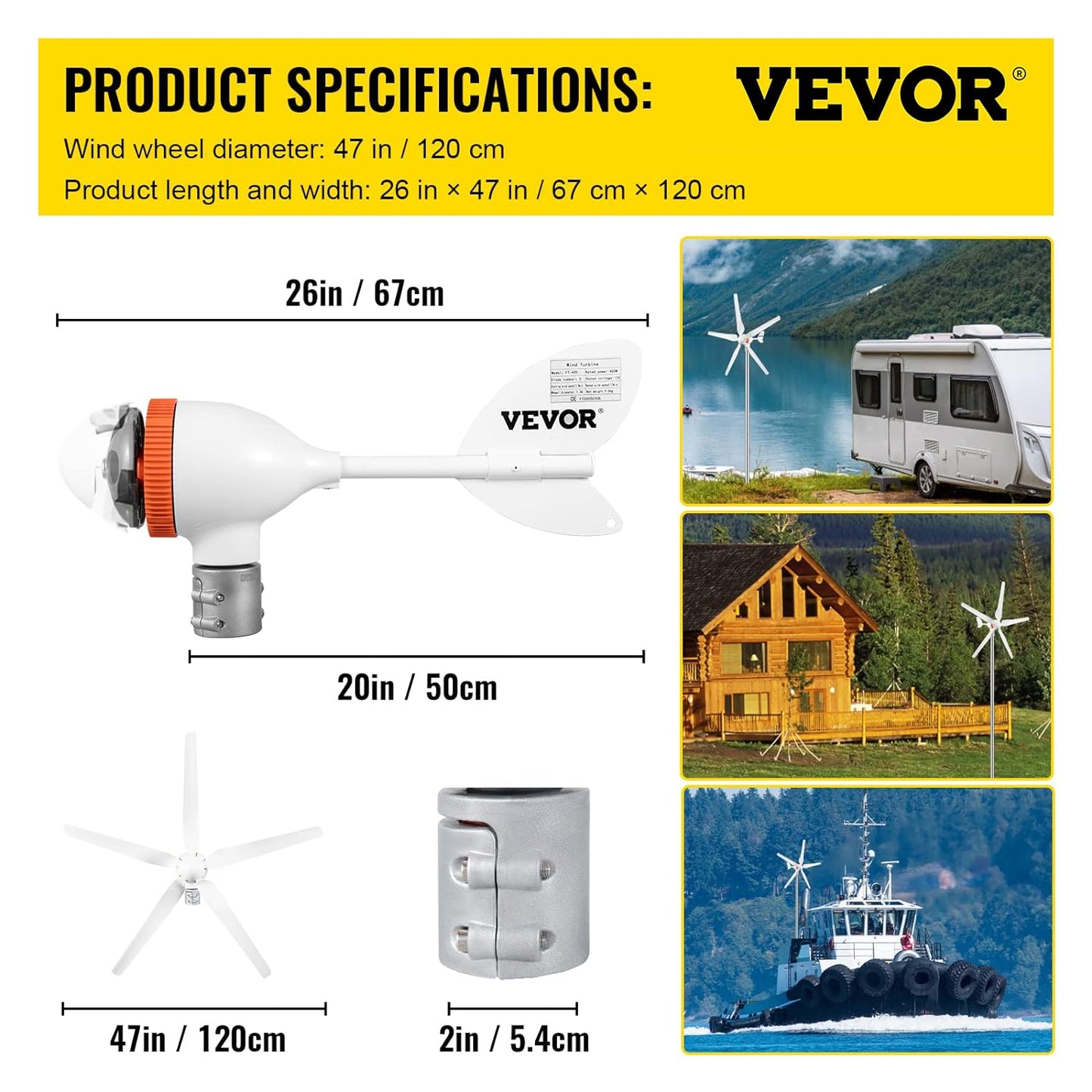 Kit turbina eoliana, 500 W/12 V/29A, cu controler MPPT, cu 5 lame, 900 rpm, rotatie 360°, VEVOR, generator pentru rulota, barca, casa, alb
