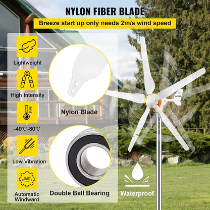 Kit turbina eoliana, 500 W/12 V/29A, cu controler MPPT, cu 5 lame, 900 rpm, rotatie 360°, VEVOR, generator pentru rulota, barca, casa, alb