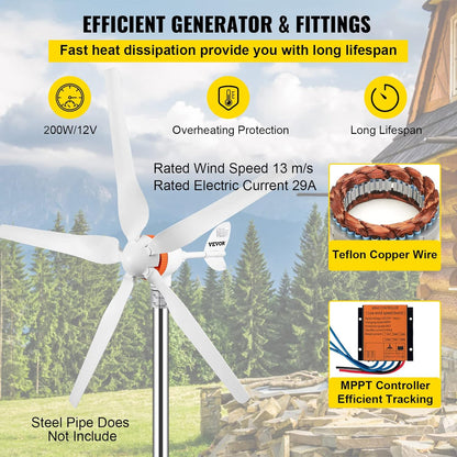 Kit turbina eoliana, 500 W/12 V/29A, cu controler MPPT, cu 5 lame, 900 rpm, rotatie 360°, VEVOR, generator pentru rulota, barca, casa, alb