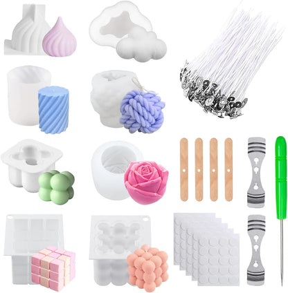Set cadou de prepararea lumanarilor, mini bubble, 8x matrite silicon, 100x fitile, 2x suport fitil, 5x autocolante pentru fitil, 1x green awl
