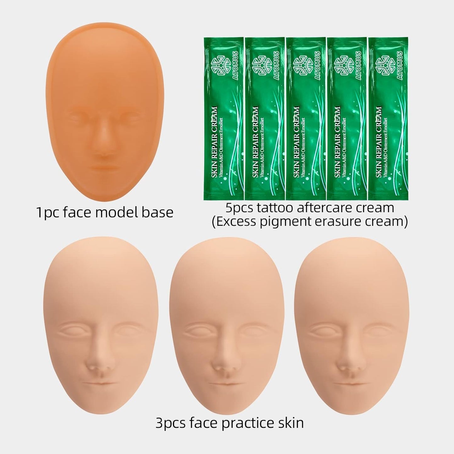 Set 3 bucati piele din silicon tip fata pentru practica tatuaj cu model ochi 5D, 1x baza de sustinere a pielii, 5x crema ingrijire tatuaj, microblading, make-up, atomus