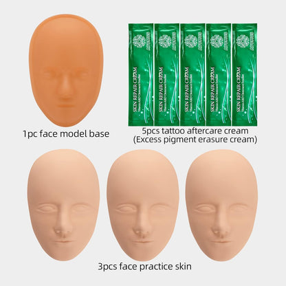 Set 3 bucati piele din silicon tip fata pentru practica tatuaj cu model ochi 5D, 1x baza de sustinere a pielii, 5x crema ingrijire tatuaj, microblading, make-up, atomus