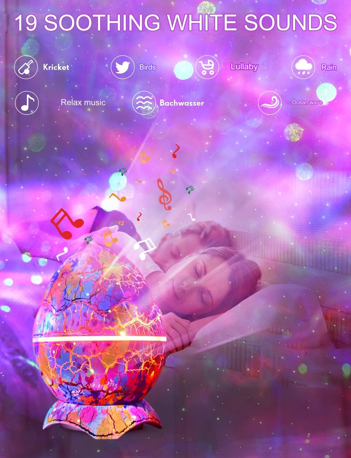Proiector de stele LED, lumina de noapte cu telecomanda si difuzor Bluetooth,14 efecte de lumina, cu 19 sunete naturale, stil ou de dinozaur, efect Aurora, ceata, lumina selenara