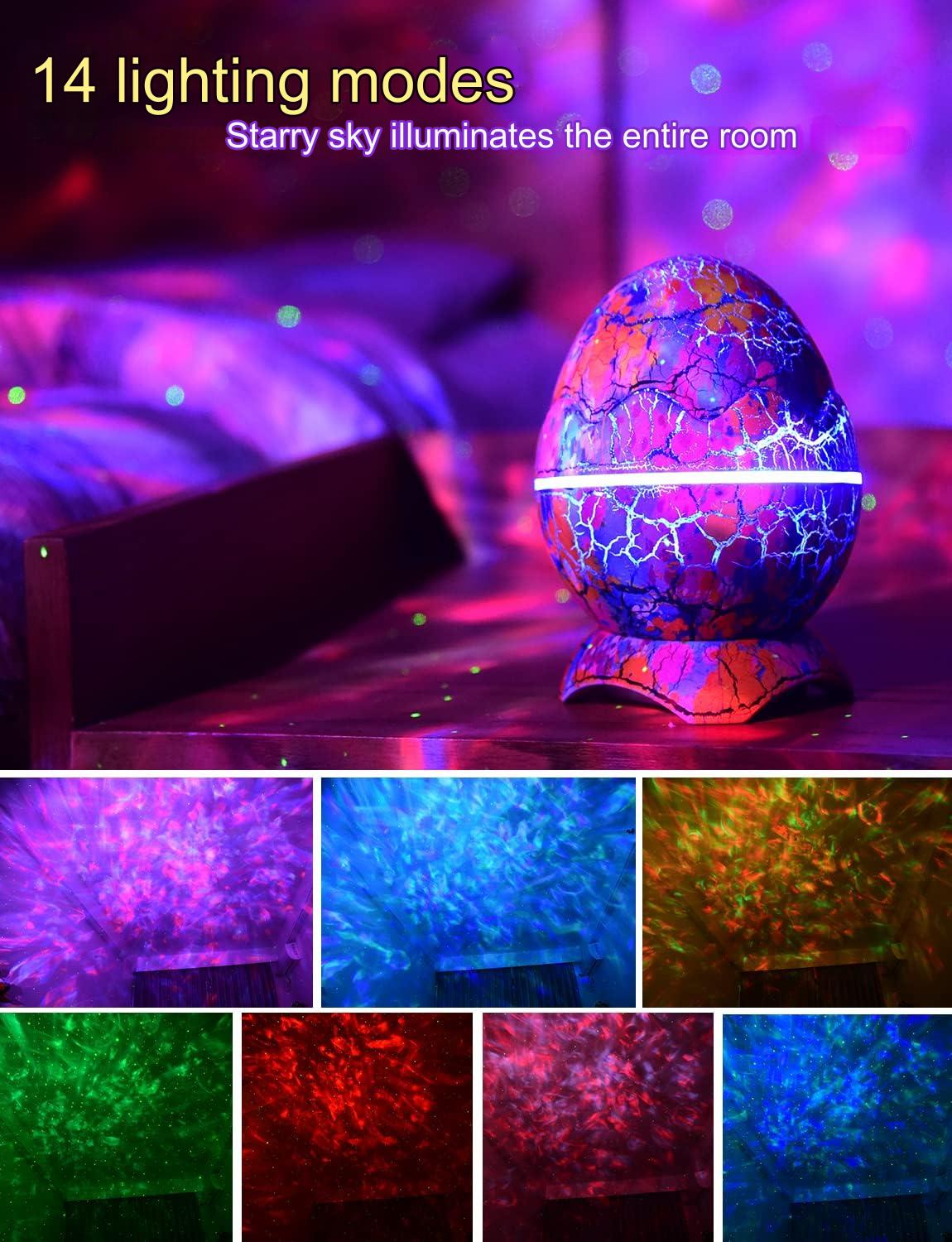 Proiector de stele LED, lumina de noapte cu telecomanda si difuzor Bluetooth,14 efecte de lumina, cu 19 sunete naturale, stil ou de dinozaur, efect Aurora, ceata, lumina selenara