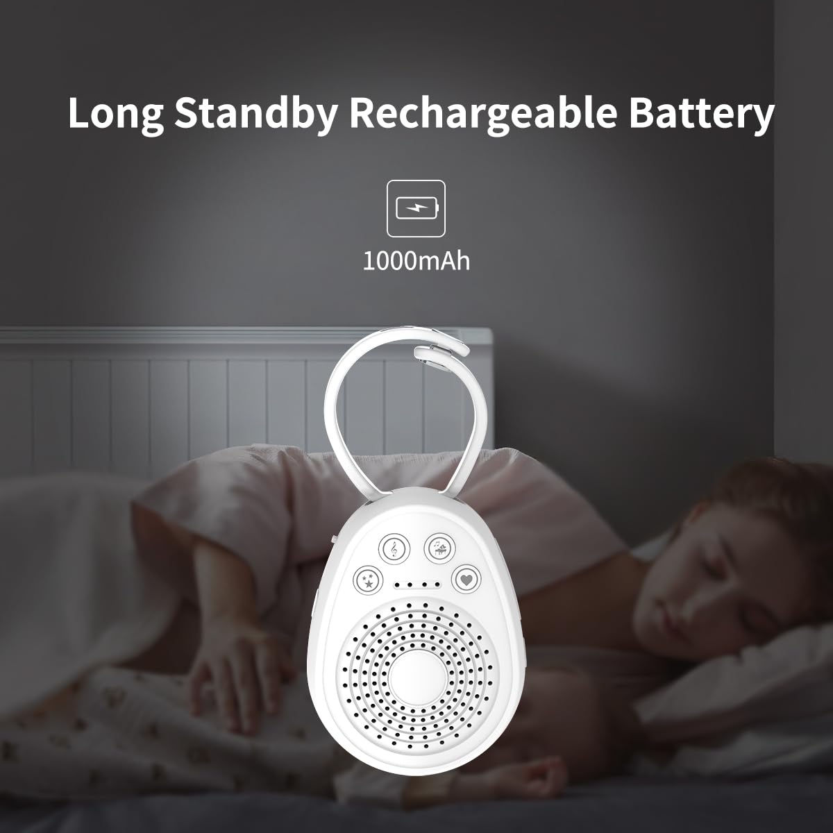 Dispozitiv generare sunete albe, 20 melodi pentru bebelusi si copii, wireless, temporizator, autonomie 30h, reincarcabil, acumulator 1000 mAh, alb