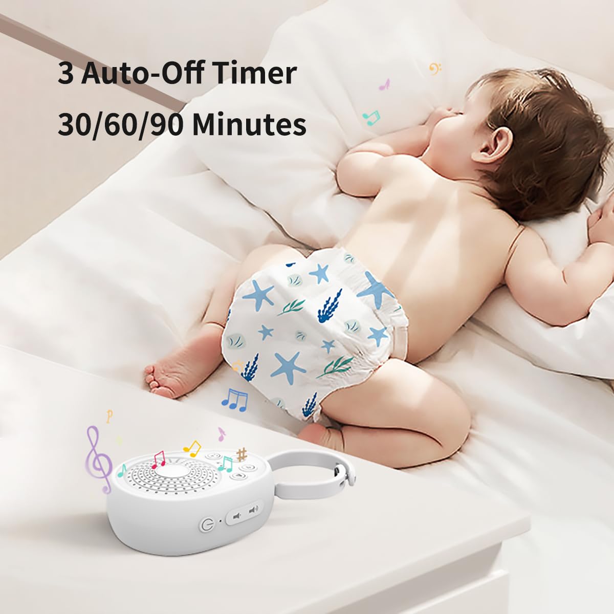 Dispozitiv generare sunete albe, 20 melodi pentru bebelusi si copii, wireless, temporizator, autonomie 30h, reincarcabil, acumulator 1000 mAh, alb