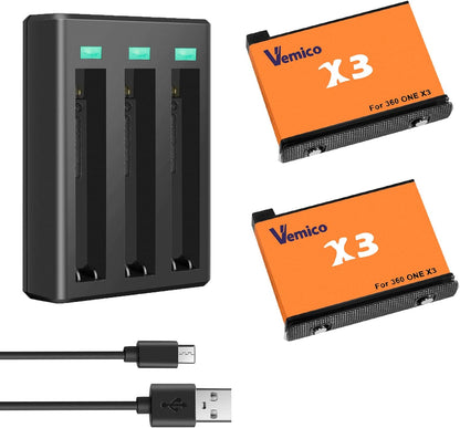 Set 2 acumulatori 1800 mAh pentru Insta360 X3,si statie de incarcare cu 3 sloturi, indicator LED, cu port Micro USB si USB C, Compatibil cu Insta360 One X3