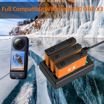 Set 2 acumulatori 1800 mAh pentru Insta360 X3,si statie de incarcare cu 3 sloturi, indicator LED, cu port Micro USB si USB C, Compatibil cu Insta360 One X3