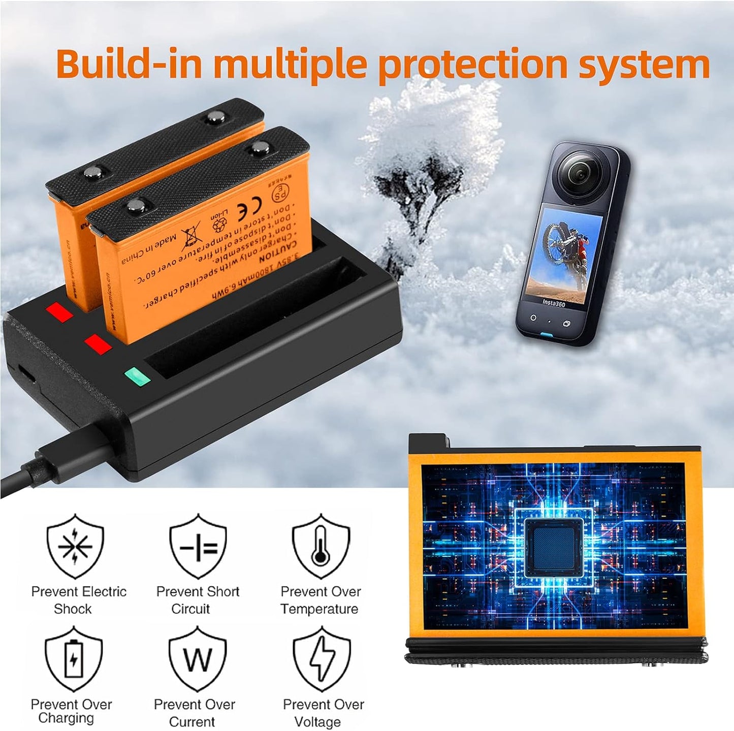 Set 2 acumulatori 1800 mAh pentru Insta360 X3,si statie de incarcare cu 3 sloturi, indicator LED, cu port Micro USB si USB C, Compatibil cu Insta360 One X3