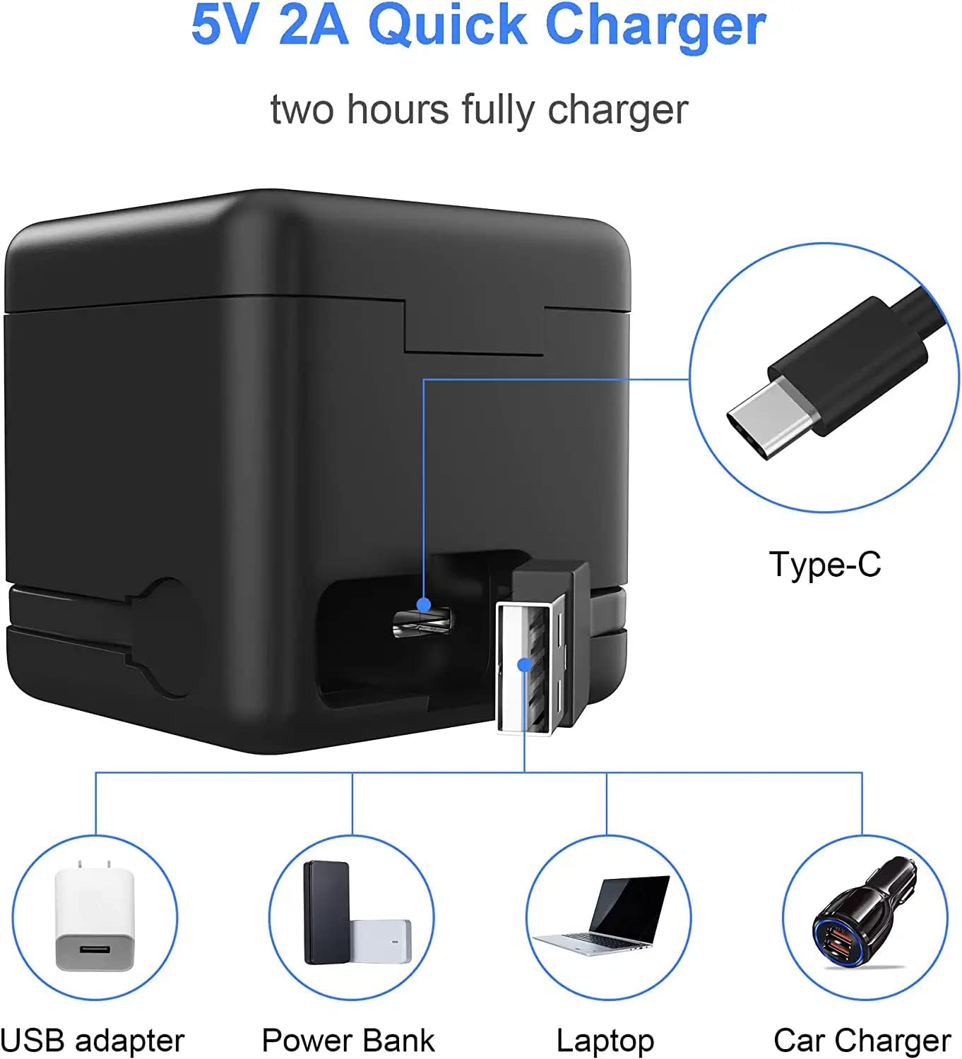 Set 3 acumulatori pentru GoPro Hero 10 si Hero 9, 3 baterii reincarcabile  2000 mAh si statie de incarcare cu 3 canale, indicator LED, cu USB , USB C, Compatibil cu GoPro Hero  Black 10 si 9, negru