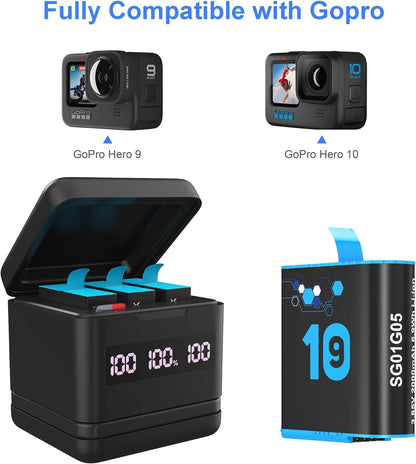 Set 3 acumulatori pentru GoPro Hero 10 si Hero 9, 3 baterii reincarcabile  2000 mAh si statie de incarcare cu 3 canale, indicator LED, cu USB , USB C, Compatibil cu GoPro Hero  Black 10 si 9, negru