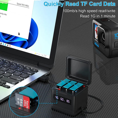 Set 3 acumulatori pentru GoPro Hero 10 si Hero 9, 3 baterii reincarcabile  2000 mAh si statie de incarcare cu 3 canale, indicator LED, cu USB , USB C, Compatibil cu GoPro Hero  Black 10 si 9, negru