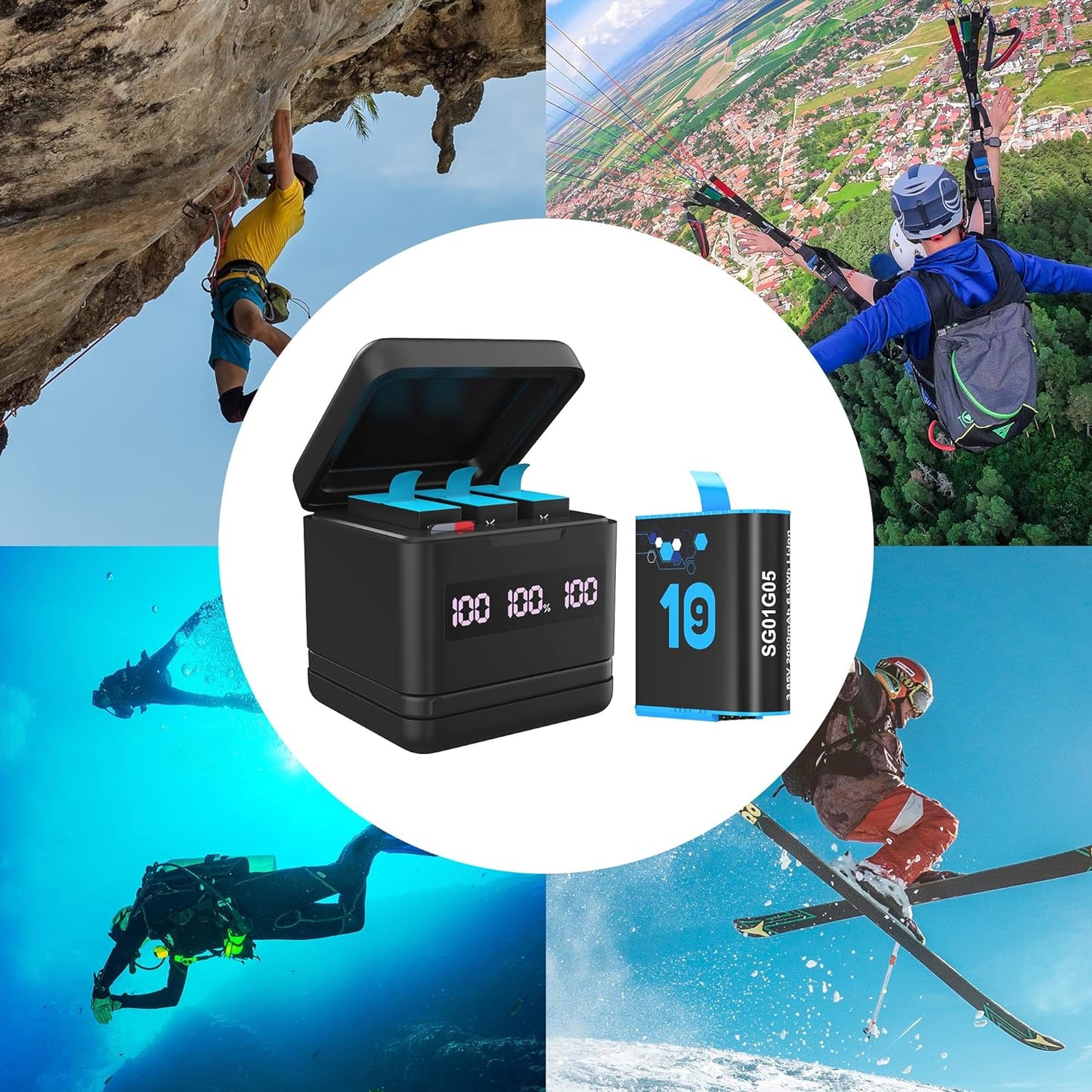 Set 3 acumulatori pentru GoPro Hero 10 si Hero 9, 3 baterii reincarcabile  2000 mAh si statie de incarcare cu 3 canale, indicator LED, cu USB , USB C, Compatibil cu GoPro Hero  Black 10 si 9, negru