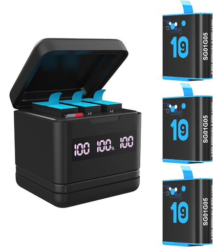 Set 3 acumulatori pentru GoPro Hero 10 si Hero 9, 3 baterii reincarcabile  2000 mAh si statie de incarcare cu 3 canale, indicator LED, cu USB , USB C, Compatibil cu GoPro Hero  Black 10 si 9, negru