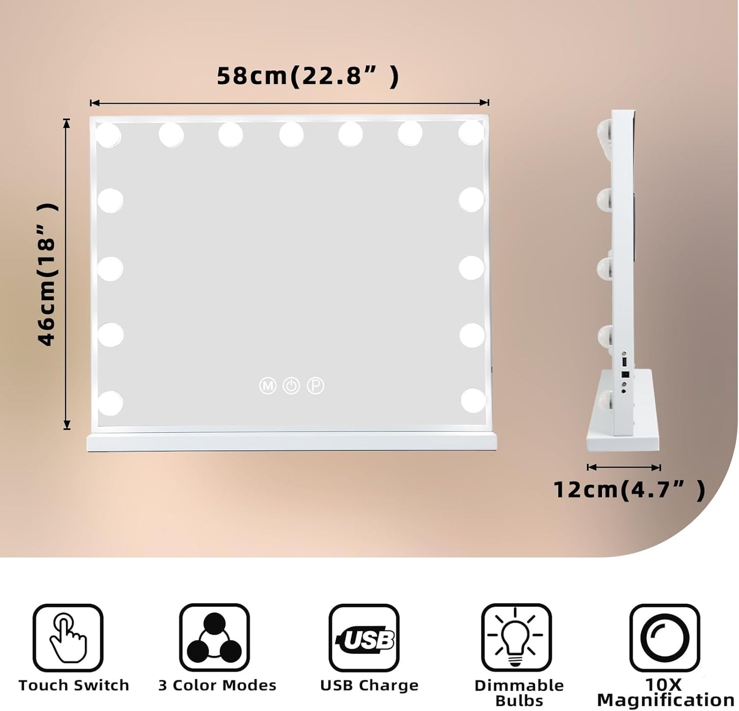 Oglinda machiaj cosmetica profesionala, 58 x 48 cm, cu 15 lumini LED, 3 temperaturi culoare alb cald-alb rece, luminozitate reglabila, cu port USB, cu stand si prindere in perete