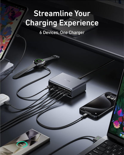 Statie de incarcare 200 W GaN, incarcator retea cu incarcare rapida PD, 4 porturi USB-C si 2 porturi USB-A, protectie la temperatura ridicata, supracurent, scurtcircuit, gri