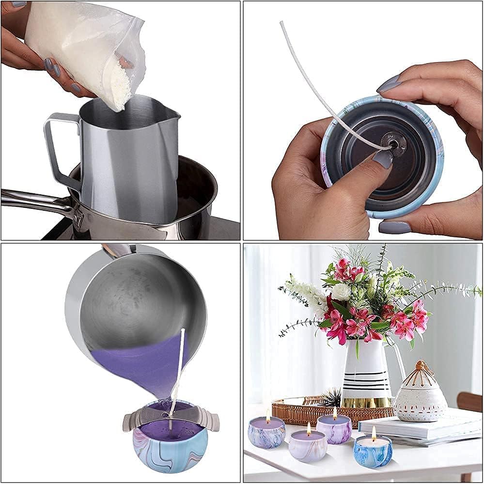 Set cadou pentru confectionare lumanari parfumate, 4x ceara de albine 122g, 1x recipient de topire, 6x ulei parfumat, 9x pahare, 3x flori uscate, 100 x fitile, 100x autocolante pentru fitil, 4x bete, 4x culori