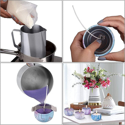 Set cadou pentru confectionare lumanari parfumate, 4x ceara de albine 122g, 1x recipient de topire, 6x ulei parfumat, 9x pahare, 3x flori uscate, 100 x fitile, 100x autocolante pentru fitil, 4x bete, 4x culori