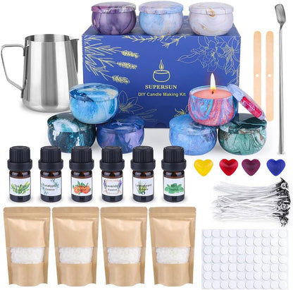 Set cadou pentru confectionare lumanari parfumate, 4x ceara de albine 122g, 1x recipient de topire, 6x ulei parfumat, 9x pahare, 3x flori uscate, 100 x fitile, 100x autocolante pentru fitil, 4x bete, 4x culori
