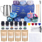 Set cadou pentru confectionare lumanari parfumate, 4x ceara de albine 122g, 1x recipient de topire, 6x ulei parfumat, 9x pahare, 3x flori uscate, 100 x fitile, 100x autocolante pentru fitil, 4x bete, 4x culori