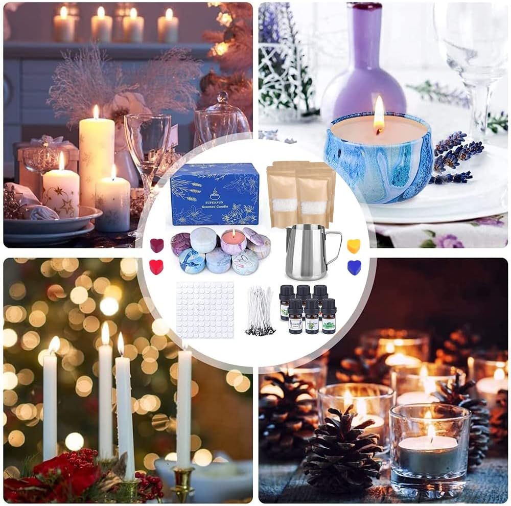 Set cadou pentru confectionare lumanari parfumate, 4x ceara de albine 122g, 1x recipient de topire, 6x ulei parfumat, 9x pahare, 3x flori uscate, 100 x fitile, 100x autocolante pentru fitil, 4x bete, 4x culori