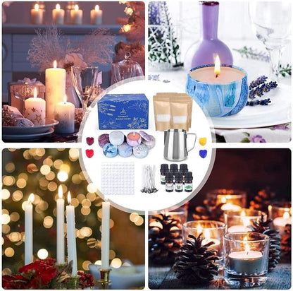 Set cadou pentru confectionare lumanari parfumate, 4x ceara de albine 122g, 1x recipient de topire, 6x ulei parfumat, 9x pahare, 3x flori uscate, 100 x fitile, 100x autocolante pentru fitil, 4x bete, 4x culori