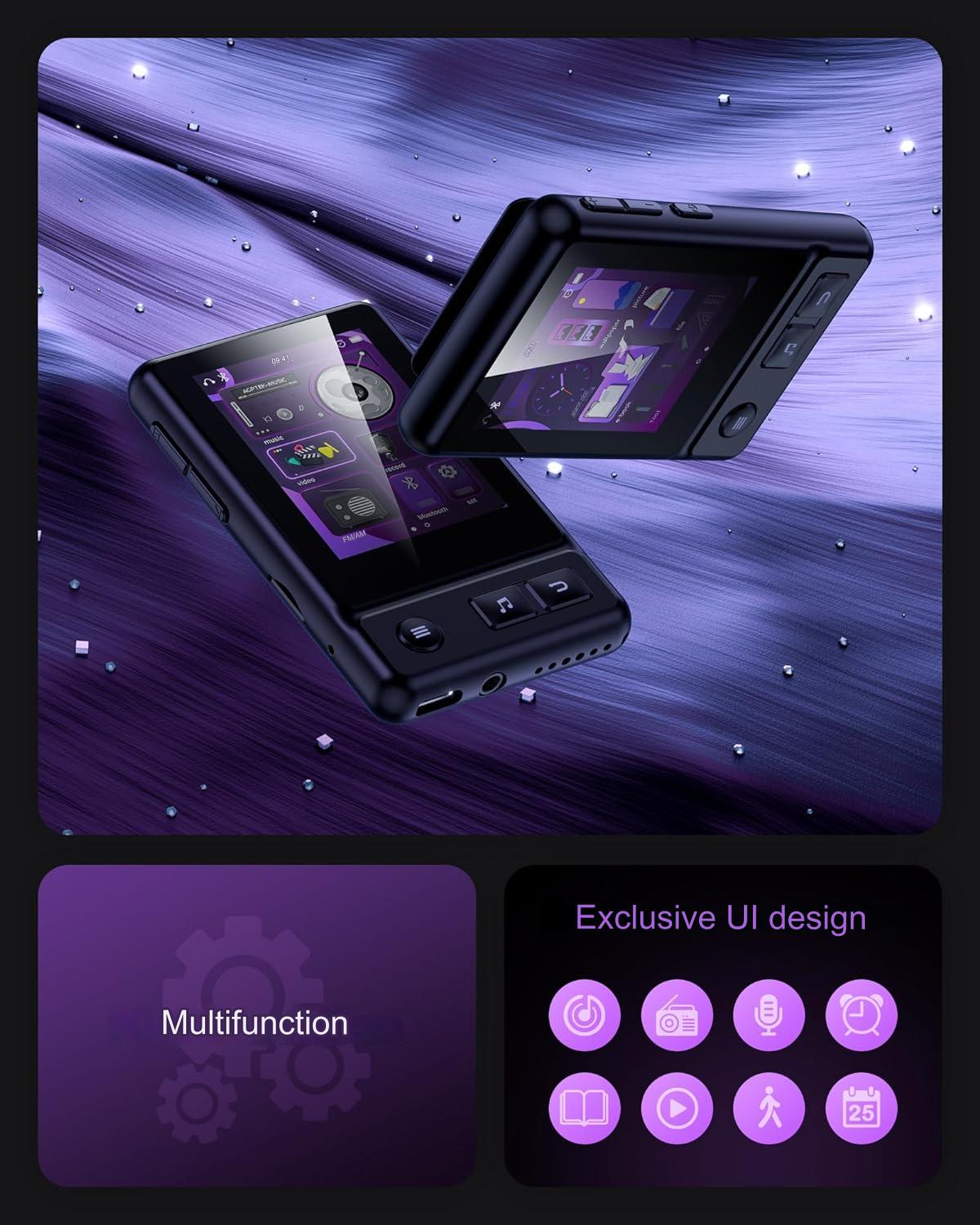 MP3 Player 32GB cu Bluetooth 5.3, touchscreen 2,4 inch, cu prindere tip clema, difuzor, radio FM, pedometru, inregistrare, ebook, negru