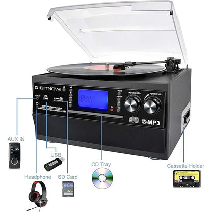 Pick-up 9 in 1 cu Bluetooth, conversie in MP3 prin USB, redare Disc vinyl, USB SD MMC, CD player, casetofon, radio AM/FM, cu telecomanda, mufa pentru casti si intrare auxiliara iesire RCA, platan vinyl cu 3 viteze, difuzor stereo incorporat
