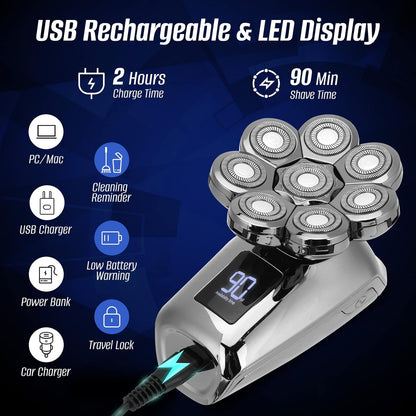 Aparat de ras electric 8D, cu 5 capete detasabile, impermeabil IPX6, incarcare USB, cu display LED si  utilizare umeda si uscata, zerotop