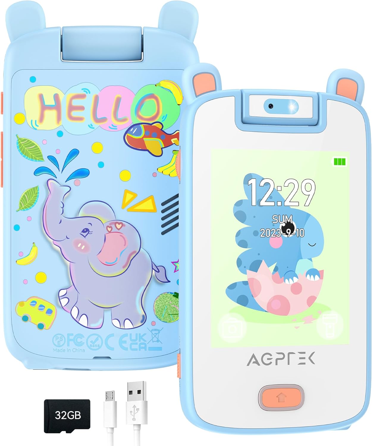 MP3 Player pentru copii, cu display 2.8 inch, design ursulet, touch screen, camera 180°, cu 20 aplicatii incorporate, calculator, ceas cu alarma, jocuri, redare video, pedometru de 32 GB, albastru