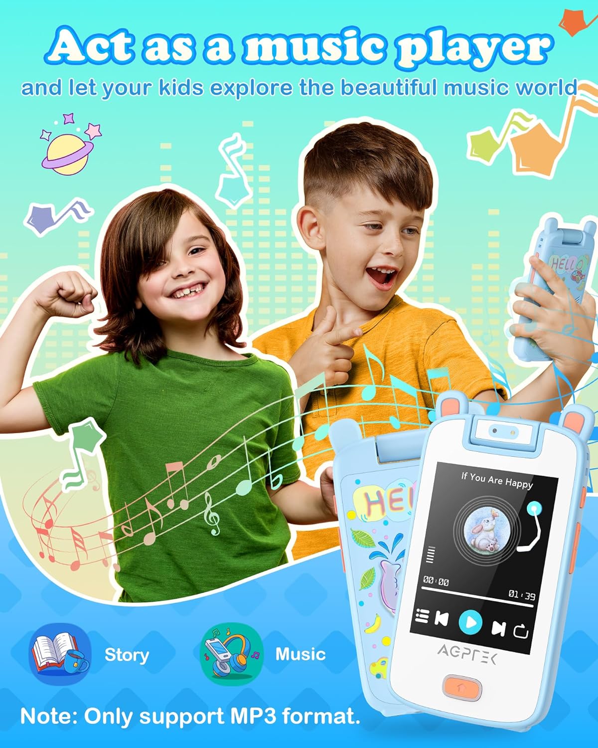 MP3 Player pentru copii, cu display 2.8 inch, design ursulet, touch screen, camera 180°, cu 20 aplicatii incorporate, calculator, ceas cu alarma, jocuri, redare video, pedometru de 32 GB, albastru