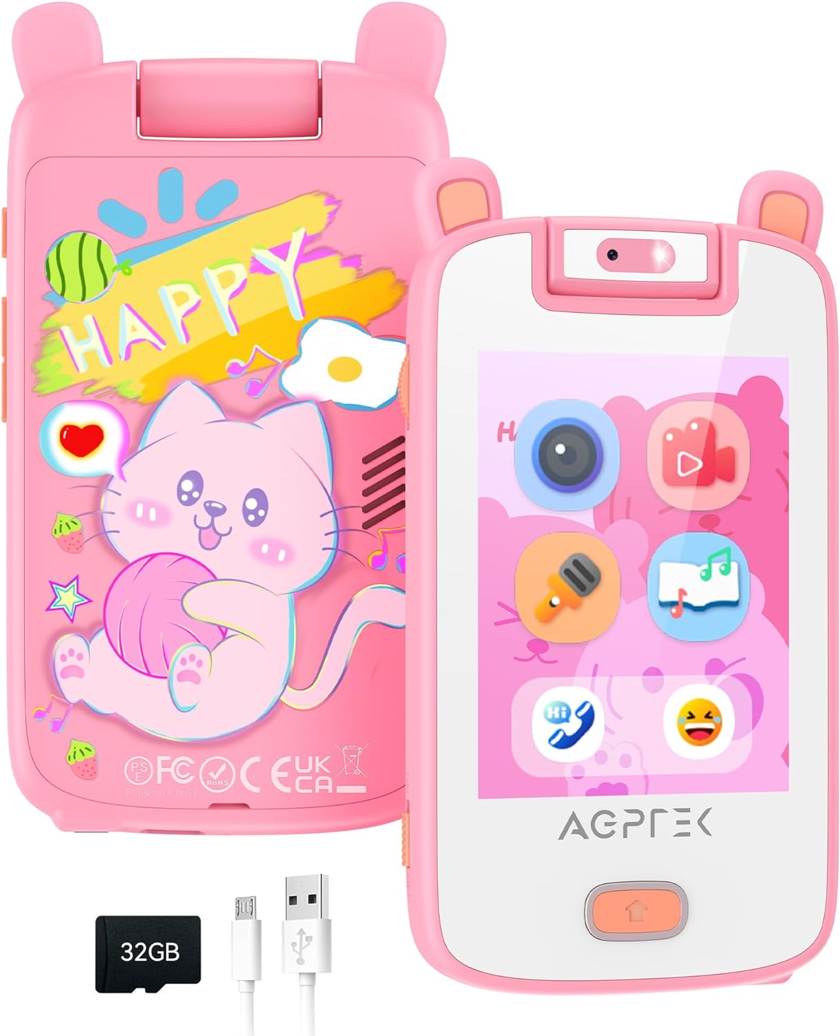 MP3 Player pentru copii, cu display 2.8 inch, design ursulet, touch screen, camera 180°, cu 20 aplicatii incorporate, calculator, ceas cu alarma, jocuri, redare video, pedometru de 32 GB, roz