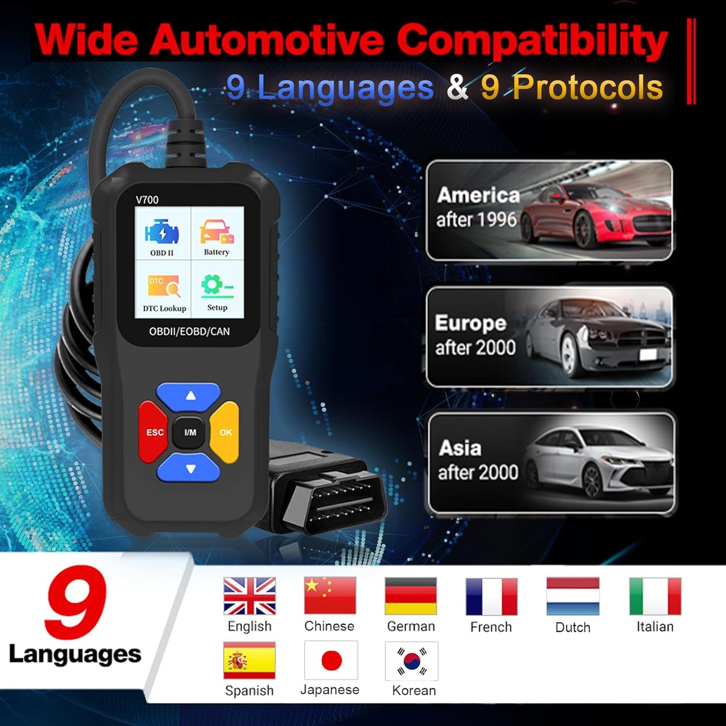 Tester auto universal OBD2, EOBD, CAN, diagnoza, cautare DTC, citire si stergere coduri de eroare, multimarca, negru